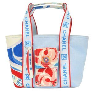 Chanel Tote Surf High Summer Camellia Sportsline Canvas Light Blue Red Pink